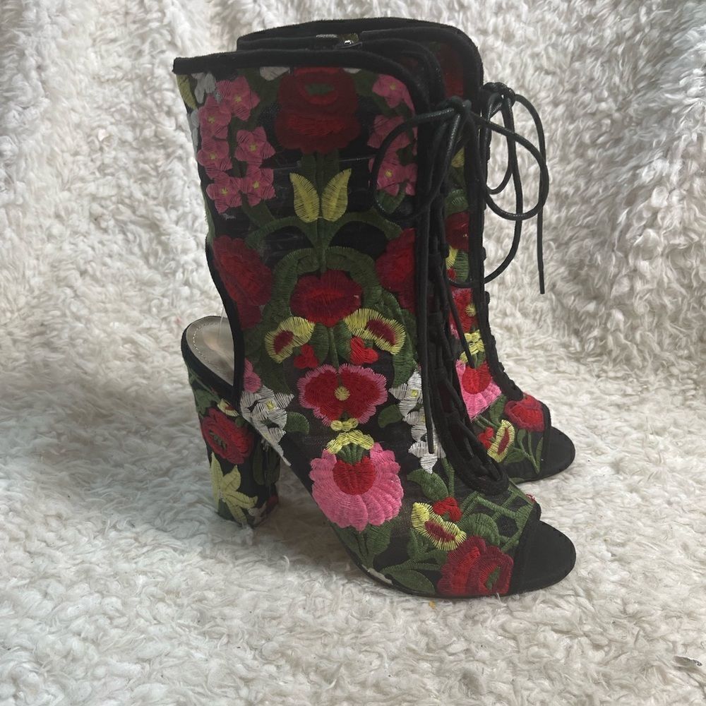 Hot tomato Sheer Mesh multi color floral embroidery lace up corset peep toeSZ11M